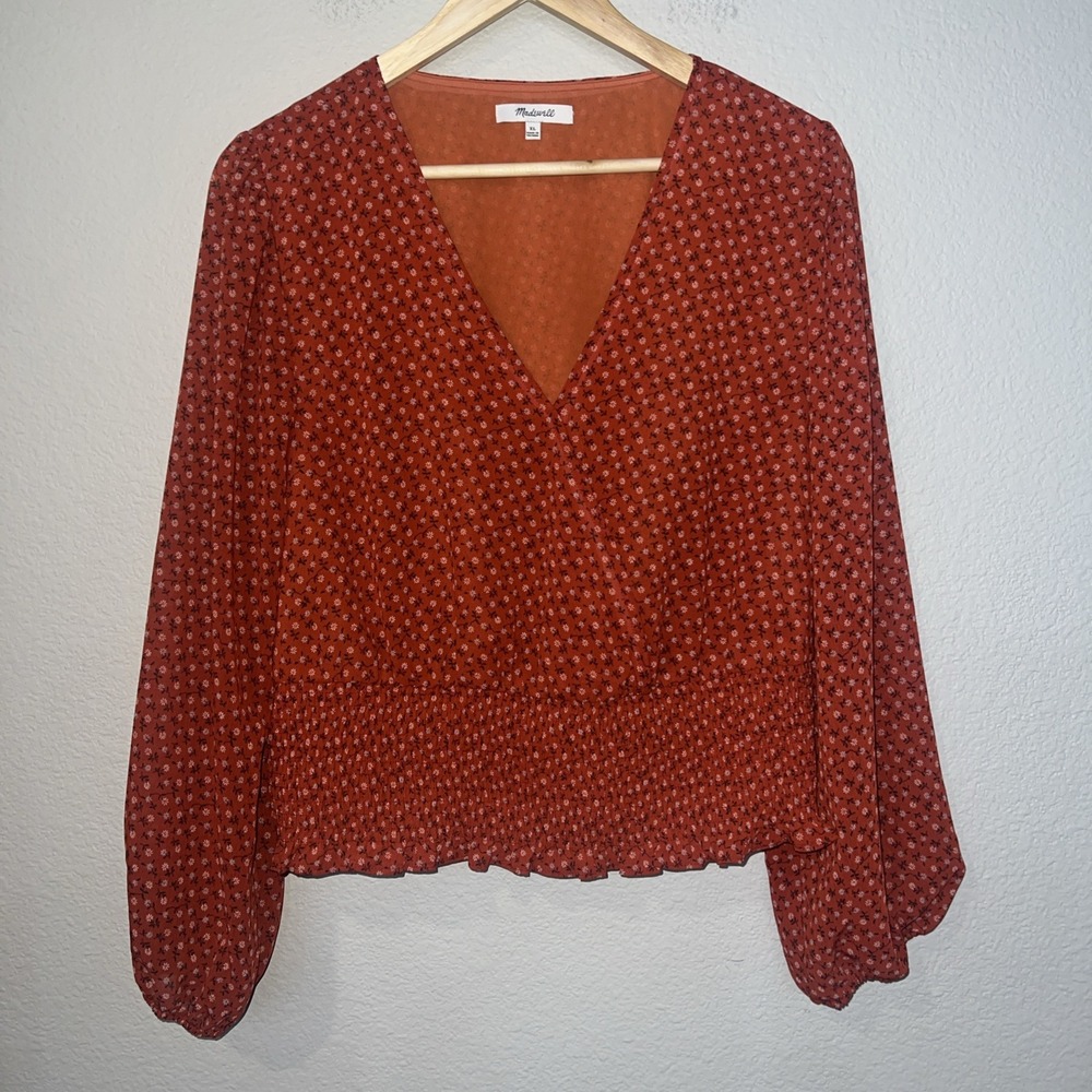 Madewell Lightspun ORANGE Floral Julianne Smocked Waist Top Light X-LARGE